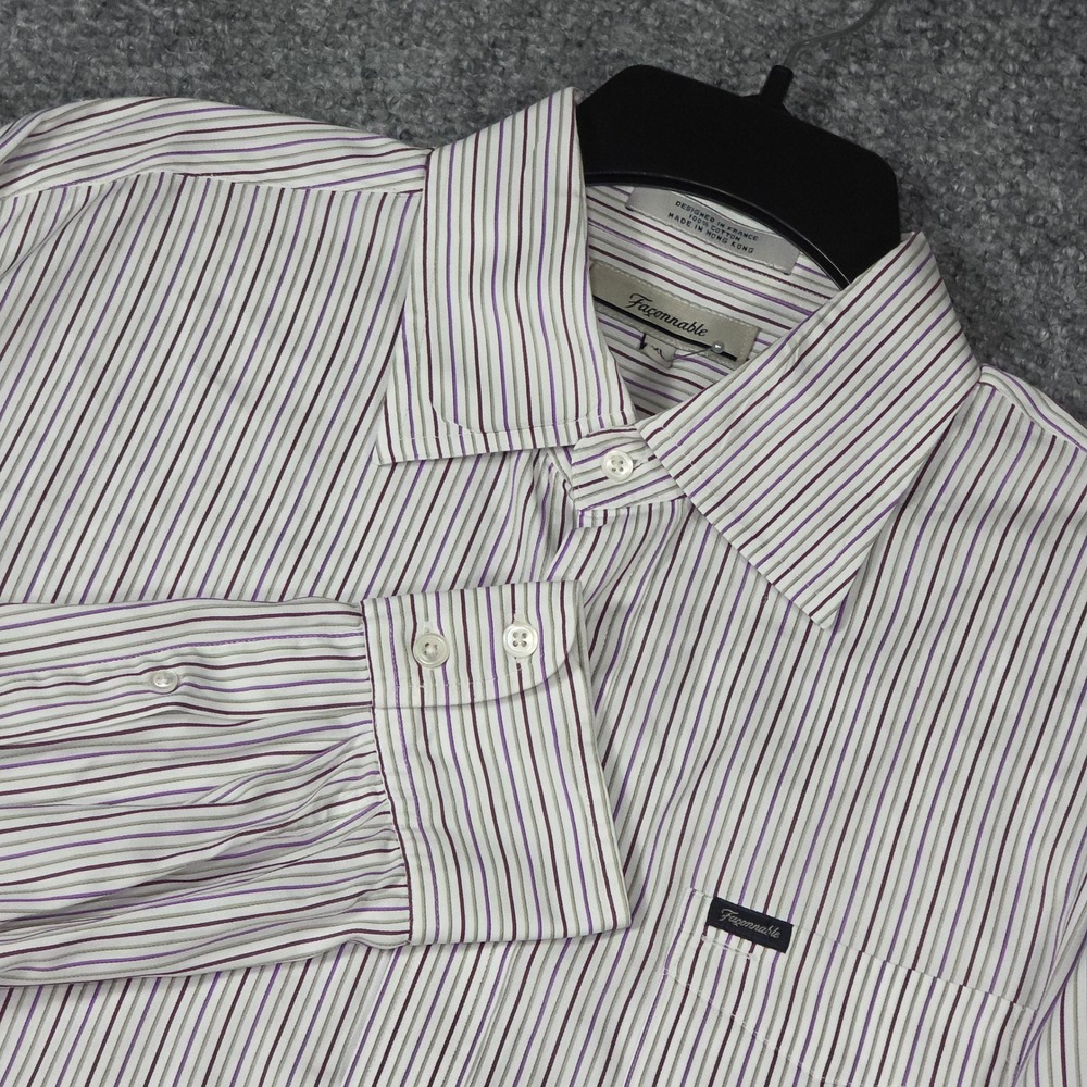 Faconnable Mens XL Button Down Shirt White Purple Green Striped Long Sleeve